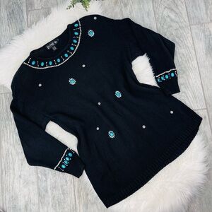 Le Chois Vintage Black Knit Oversized Metallic Embroidered Flower Sweater Top
